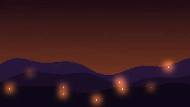 A few bright fires glowing orange against a red ashland sky.