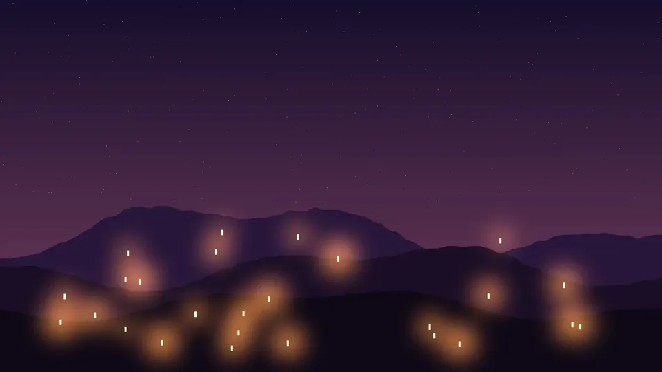 Warm lantern light scattered across dark hills under a violet dusk sky.