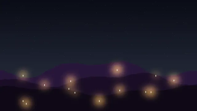 A handful of dim lanterns under a heavy grey storm sky.
