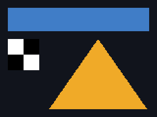 A dark 160 by 120 pixel frame: a translucent blue bar across the top, a two by two checkerboard stretched to a 32 pixel square below it on the left, and an amber triangle on the right.