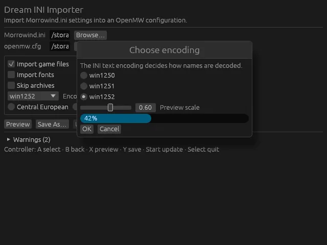 A dark egui settings form for importing Morrowind.ini, with a floating window titled Choose encoding over it: radio buttons, a slider, a progress bar at 42 percent, and a soft shadow.